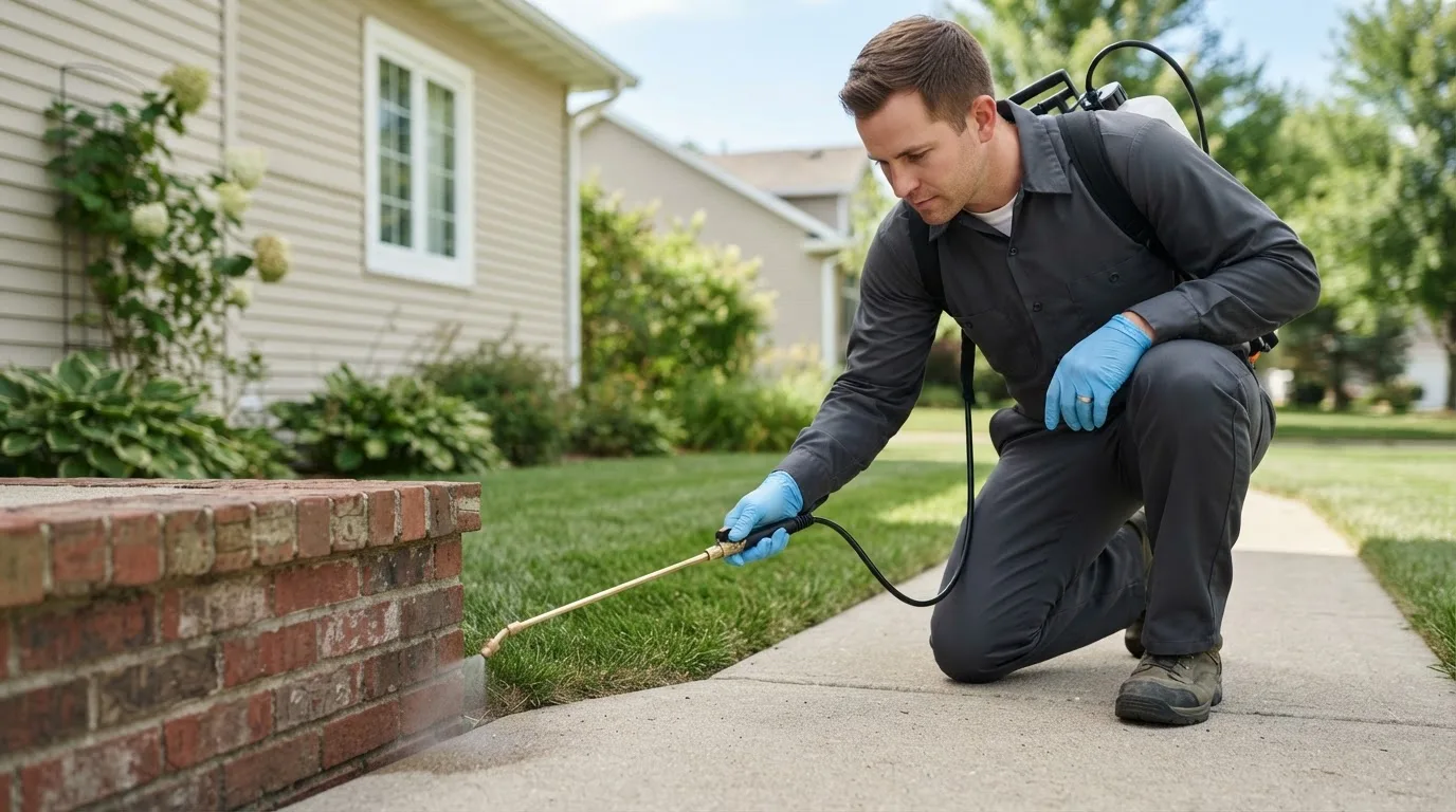 Pest control technician treating a home near La Pointe, WI